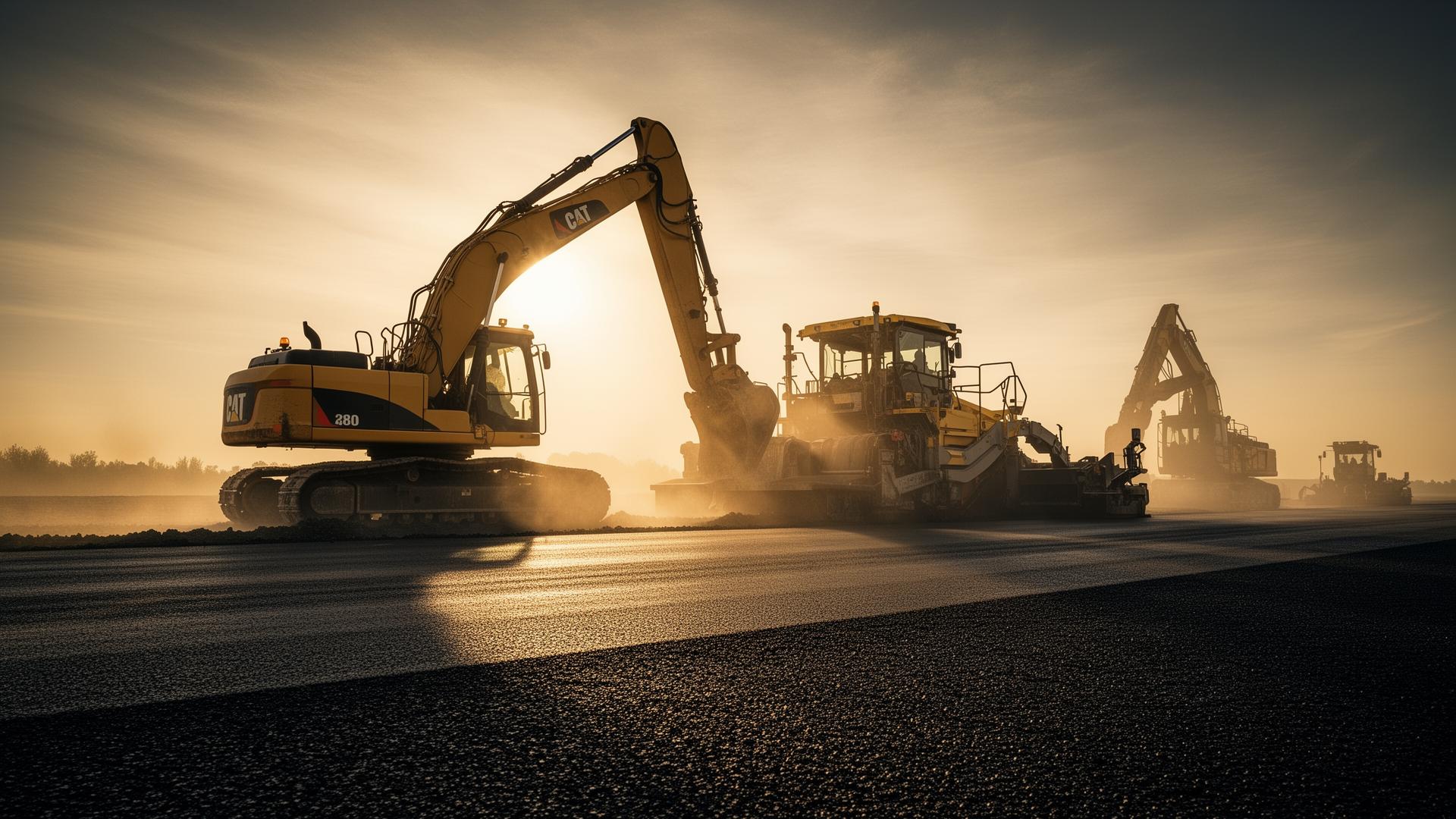 Heavy earthmoving and asphalt paving equipment on site at golden hour